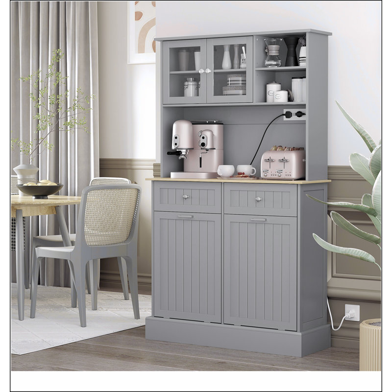 68" Kitchen Pantry Storage Cabinet with Charging Station, 2 Tilt Out Trash Cabinets and Microwave Stand, Freestanding Kitchen Hutch with Glass Doors and Adjustable Shelf