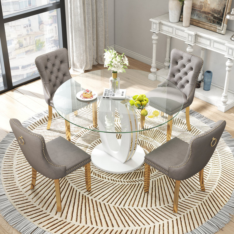 Ensemble de table de salle à manger haute brillance ronde avec 4 chaises de salle à manger en velours, Gris, Blanc