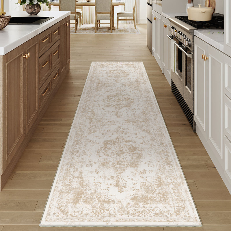 Tapis beige élégant et moderne tissé à la machine, Tapis de couloir 2 pi x 8 pi