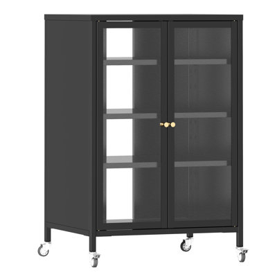Meuble audio-vidéo de 35,8 po de hauteur avec 4 tablettes réglables en verre, structure en acier, roues et gestion des câbles pour installation télé