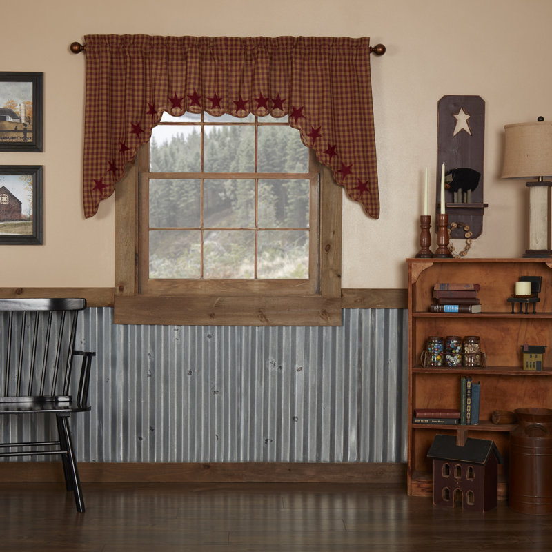 Navy Star Checkered Cotton 72'' W Window Valance, Burgundy