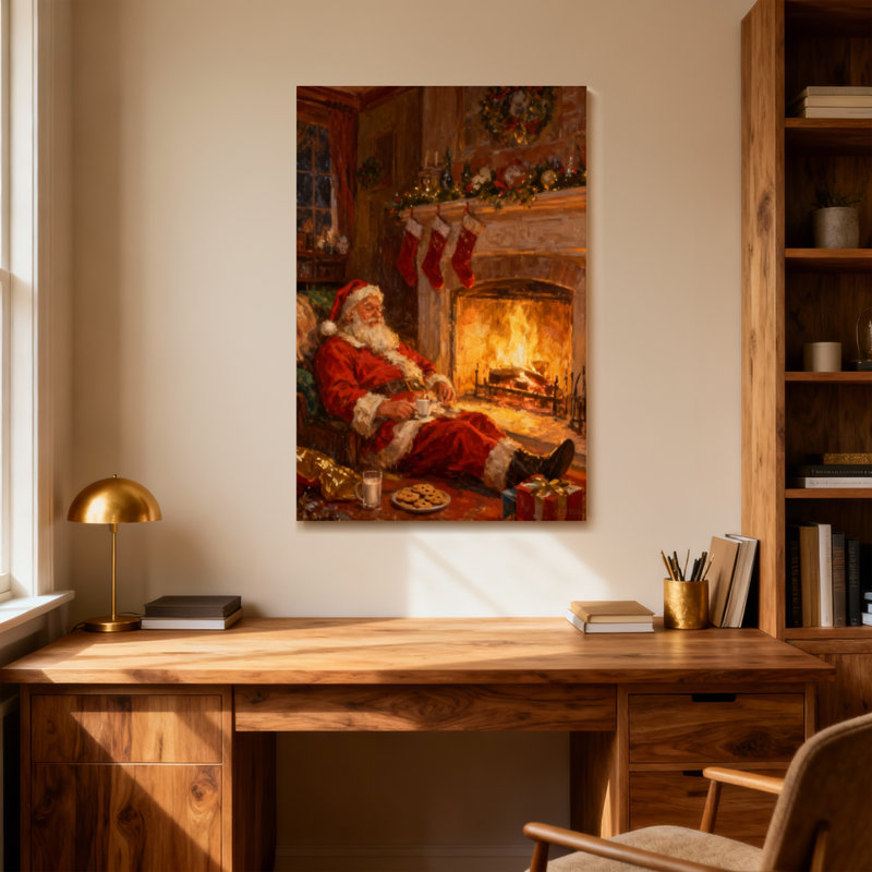 Père Noël de Noël se détendant au coin du feu avec des cadeaux, H 40 po x l 28 po