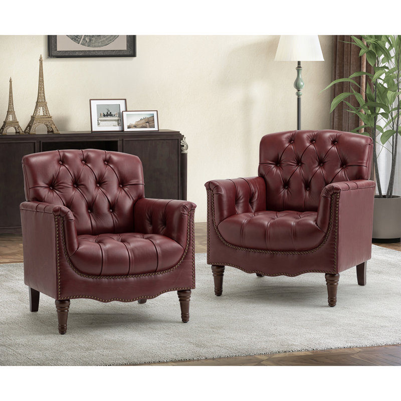 Annja 32" W Tufted Genuine Leather Armchair, Burgundy