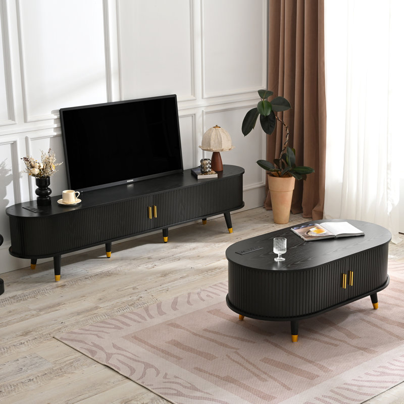 Ensemble de meuble télé et de table basse de style Mid-Century avec station de charge et porte tambour, Noir