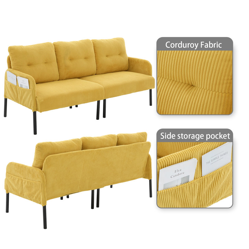 Canapé moderne en velours côtelé avec poches latérales et pieds en métal minimalistes, Jaune moutarde