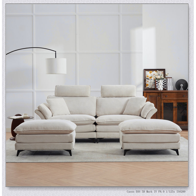 Canapé modulaire de 85,8 po de profondeur avec coussins et repose-pieds en velours côtelé, Beige