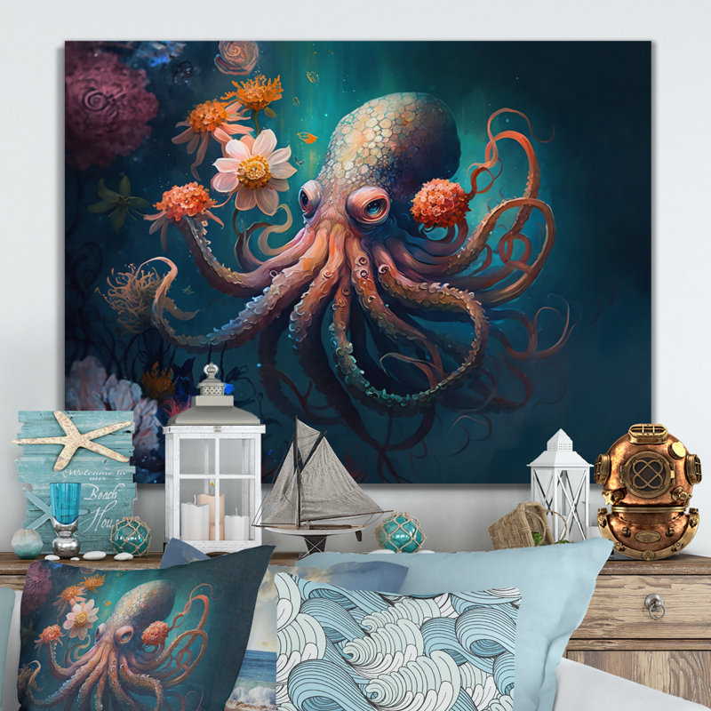 Octopus in the Ocean with Flowers III - Print on Canvas, 12" H x 20" W, Wrapped Canvas