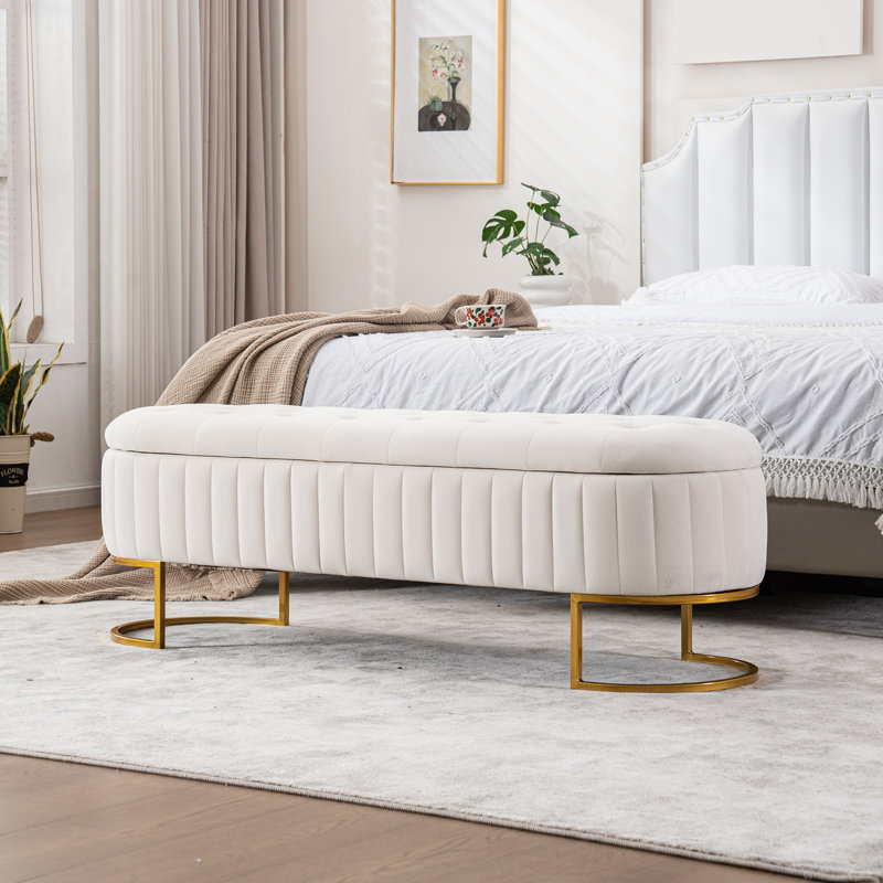 Shaneta 55" Velvet Storage Bench with Gold Legs, Ivory