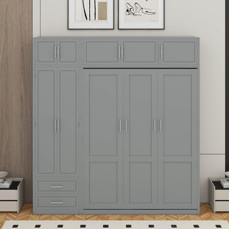 Grand lit escamotable mural avec armoire supérieure, tablettes et garde-robe, Gris