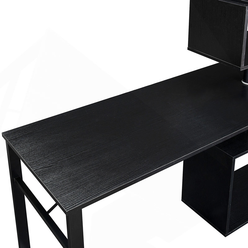 Home Office Computer Desk L-Shaped Corner Table, Rotating Computer Table With 5-Tier Bookshelf, Four Installation Methods, Lockable Casters