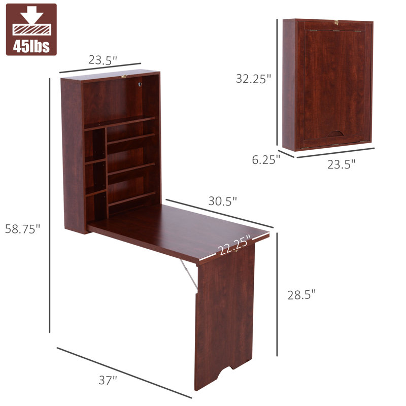 Wall Mounted Desk, Fold Out Convertible Desk, Multi-Function Computer Table Floating Desk With Shelves For Home Office, Mahogany