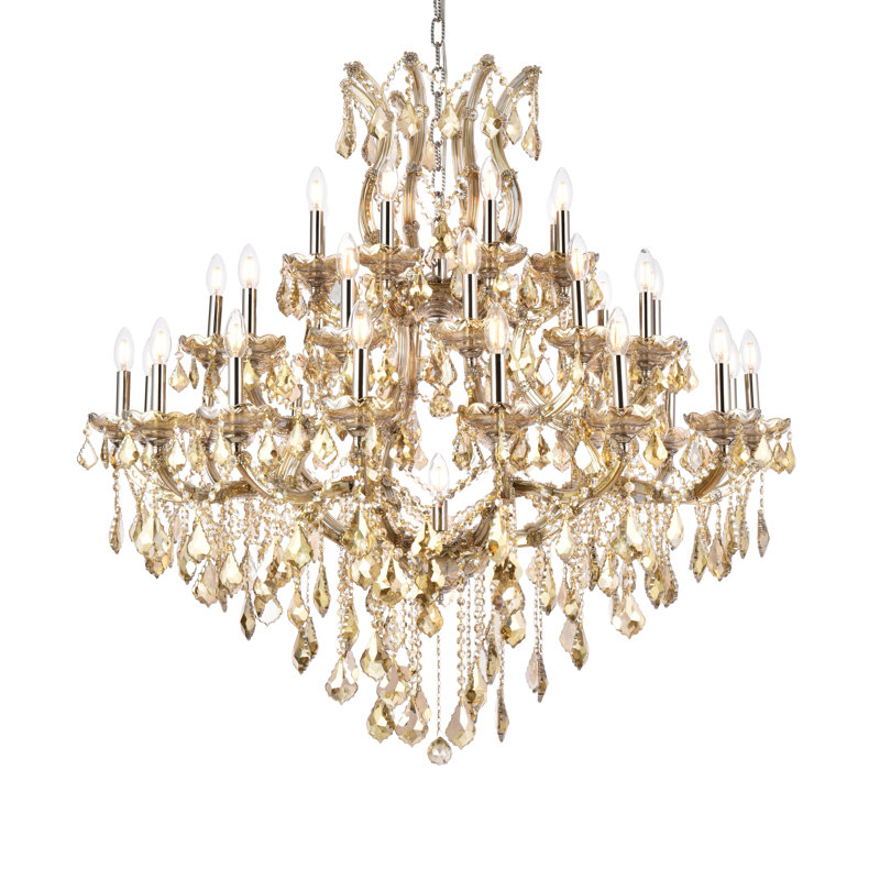 Lustre étagé de style bougie à 37 lumières Stockard, Teck doré, Swarovski Spectra, Teck doré