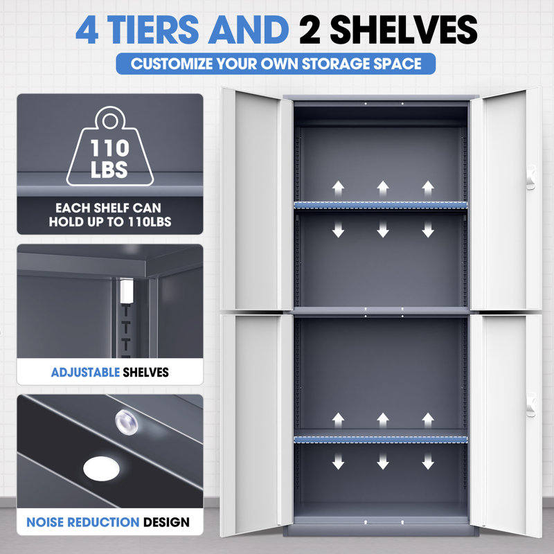 71" Lockable Heavy Duty Metal Storage Tool Cabinet W/ 2 Adjustable Shelves, Gray/White