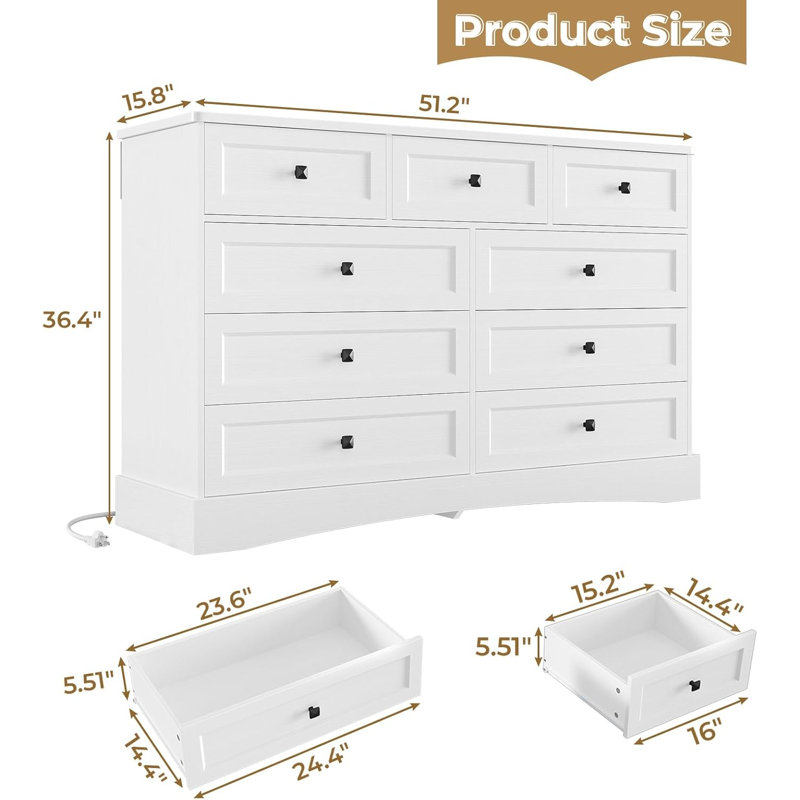 Bedroom Dresser With 9 Drawers, 51.2‘’ Long Dresser Tv Stand With Charging Station, Farmhouse Dresser Chest Of Drawers, Large Wood Storage Tower Organizer Dresser For Bedroom, Living Room
