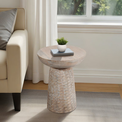 Hand-Carved Wood Accent Side Table with Washed Finish for Home Decor  Sytling  - Sculptural Narrow End Table for Living Room Setup - 20", White