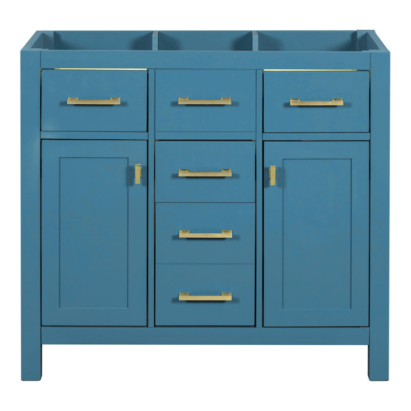 Armoire de rangement moderne pour salle de bain 36 po - Meuble-lavabo bleu, structure en bois massif, 4 tiroirs et 2 portes à fermeture en douceur