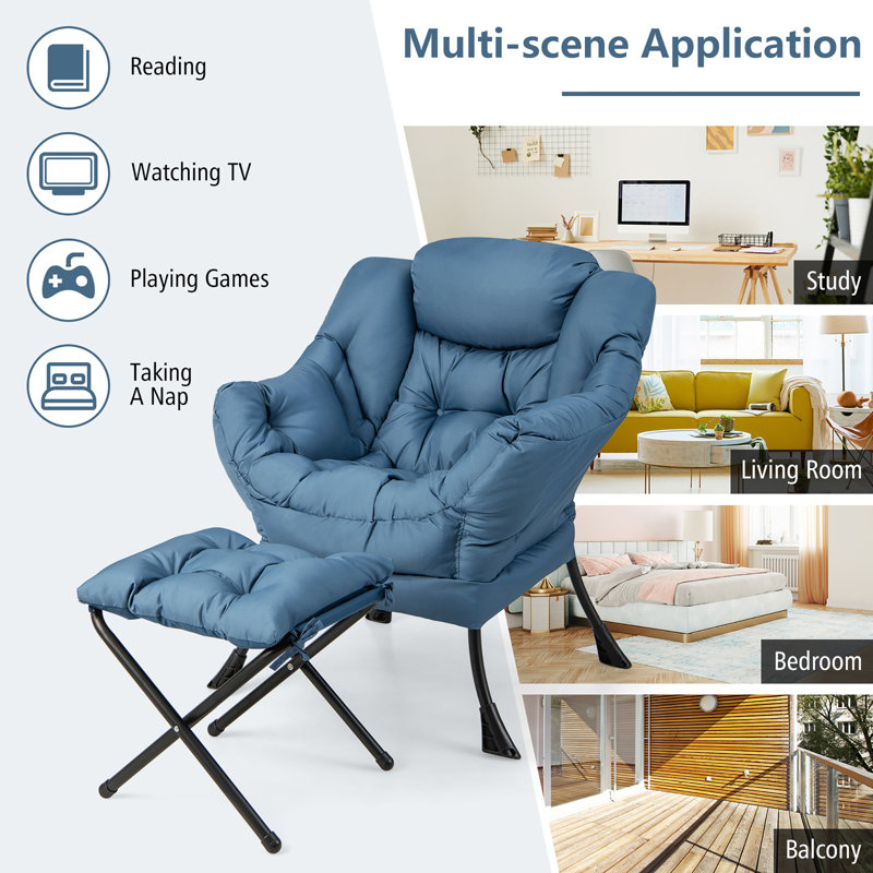 Mumtas Upholstered Armchair with Ottoman, Blue Polyester Blend