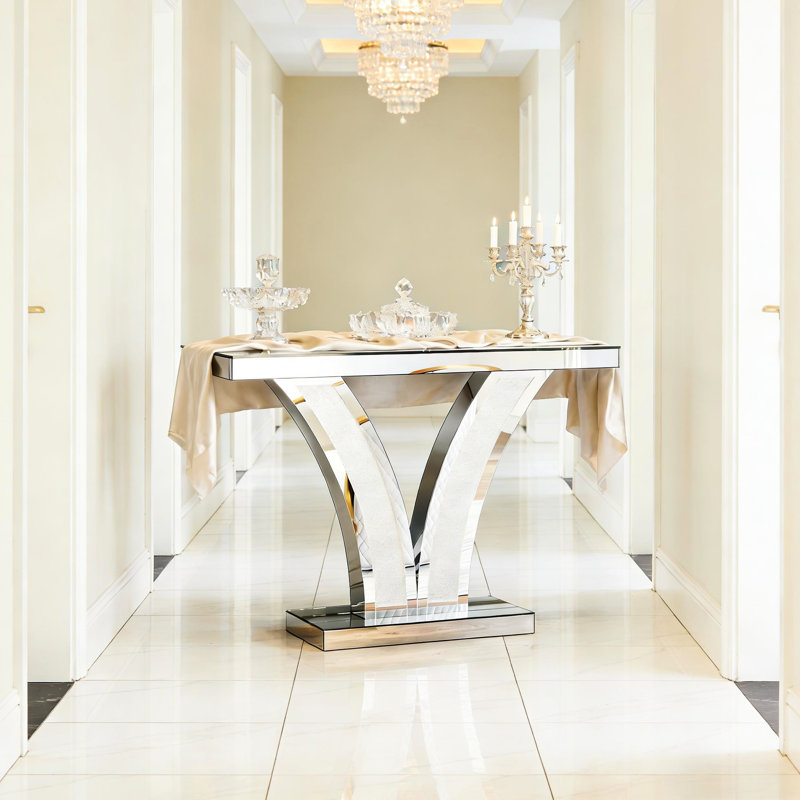 Console en forme de V avec surface en miroir et base stable, configuration simple, ajoutant du luxe à votre couloir, 39,79 po de profondeur, 11,53 de largeur, 31,25 de hauteur, facile à assembler, élégante maison,