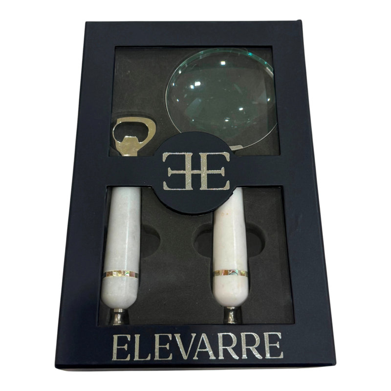 Elegant Magnifying Glass And Bottle Opener With Marble Handles - Functional Decorative Objects For Living Room And Home Accent - Set Of 3