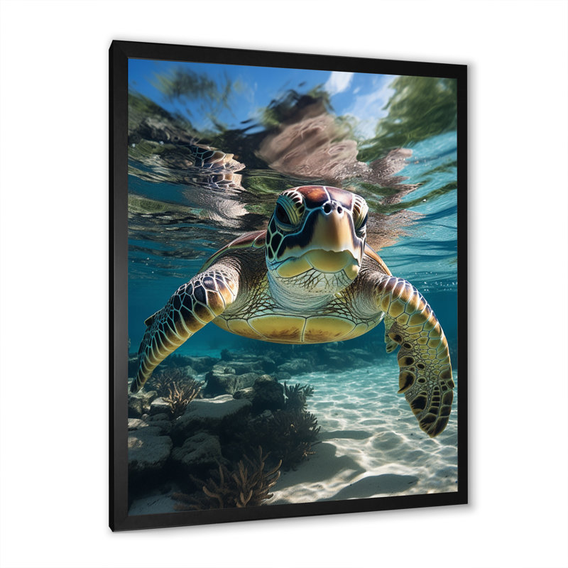«Green Teal Turtle Portrait Stunning - Marine Animals», art mural sur toile, H 32 po x l 24 po x P 1 po, Cadre simple noir