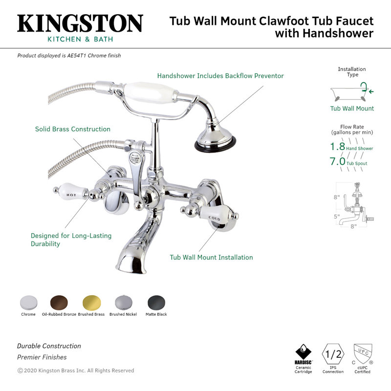 Kingston Brass Aqua Vintage Three-Handle 2-Hole Tub Wall Mount Clawfoot Tub Faucet with Hand Shower, Brushed Brass