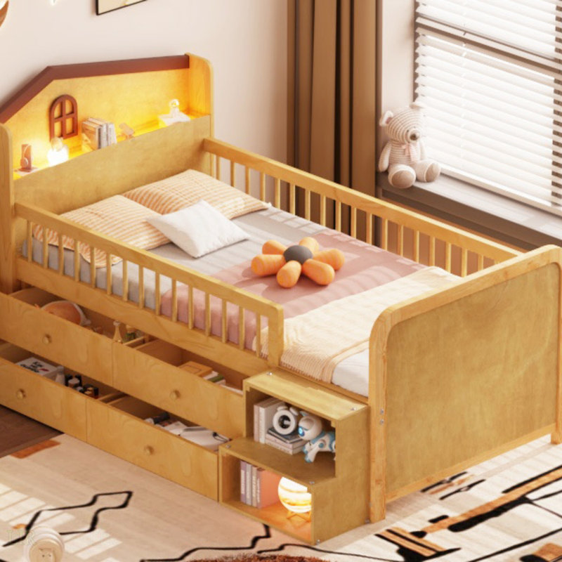 Lit mezzanine bas avec lumières DEL, lit mezzanine en bois Ashrita avec tête de lit en forme de maison et tiroirs de rangement pour personnes, naturel