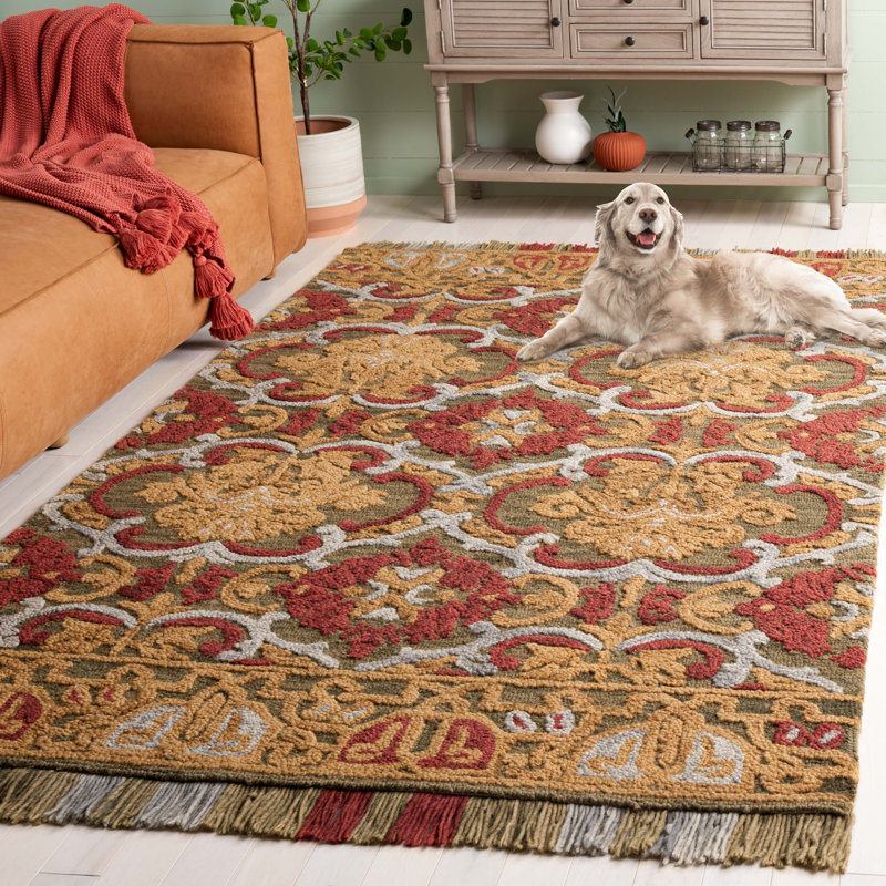 Tapis oriental performance en laine / coton touffeté Blossom en vert / or, Rectangle 5 pi x 8 pi