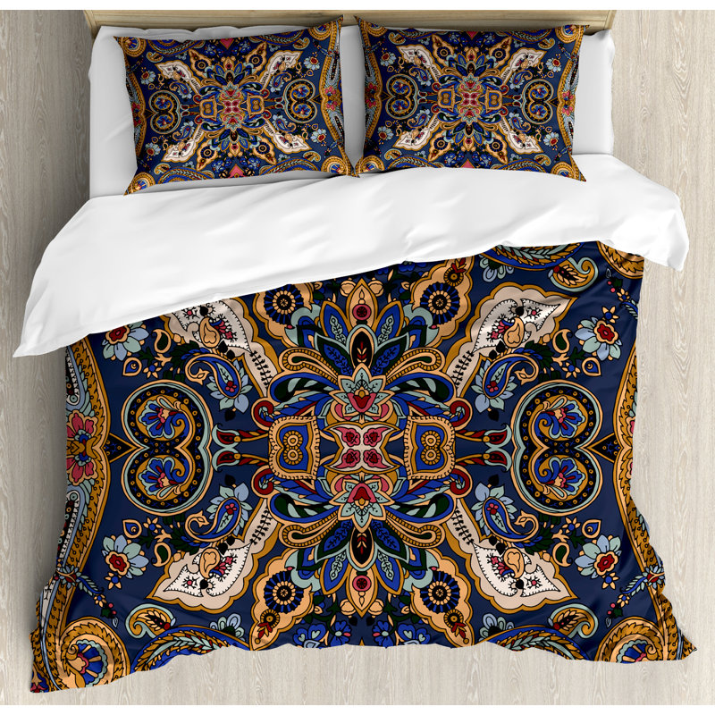 Queen Blue and Brown Microfiber Paisley Duvet Cover Set
