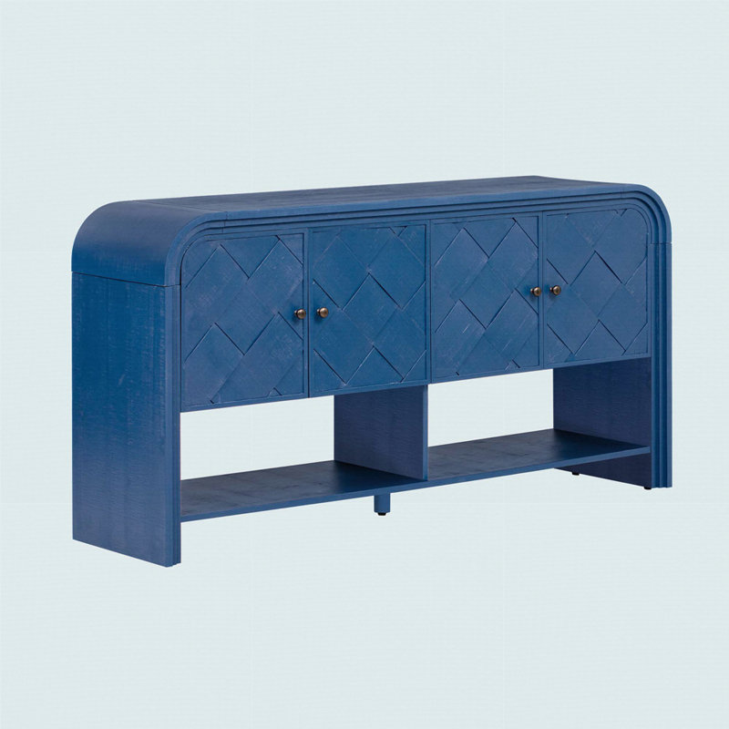 Versatile Console Table With Woven Wood Slats And Solid Wood Veneer, Suitable, Navy Blue/Gold