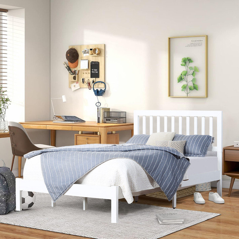 Base de lit grand format avec lattes en bois d'acacia, profil bas, assemblage facile, Blanc