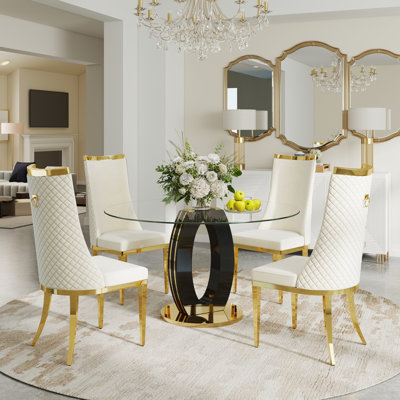 Round Tempered Glass Dining Table Set, Luxury Dining Table with High Backrest Dining Chair for Dining Room