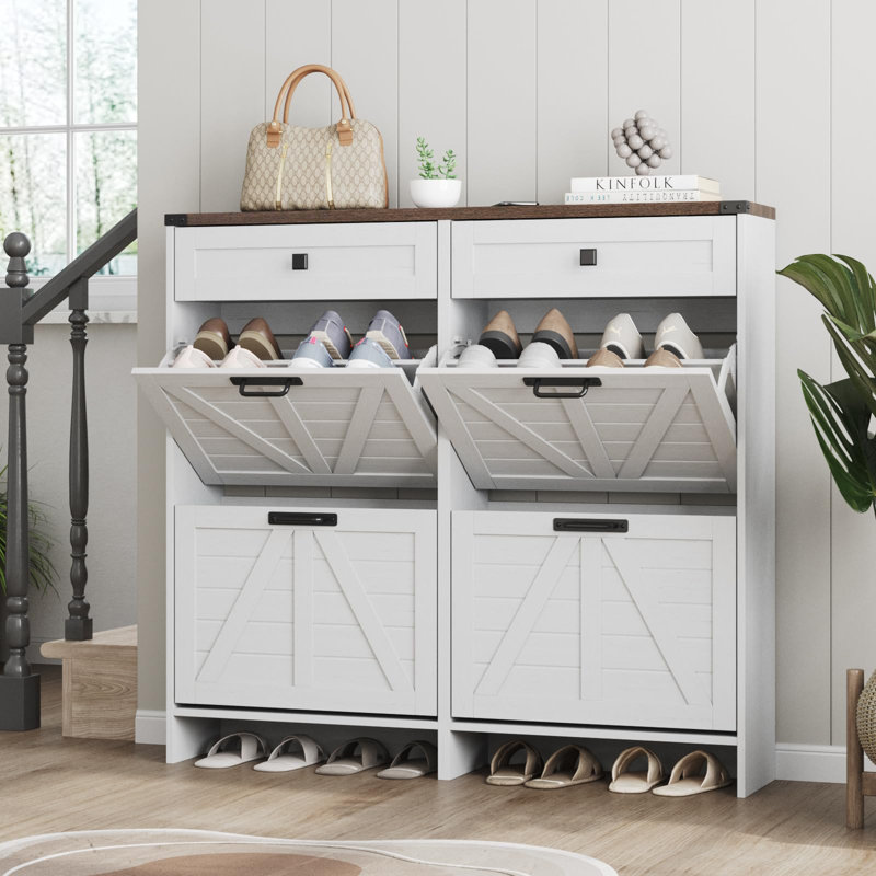 Freestanding Shoe Cabinet Wtih 4 Flip Drawers & 2 Drawers, White