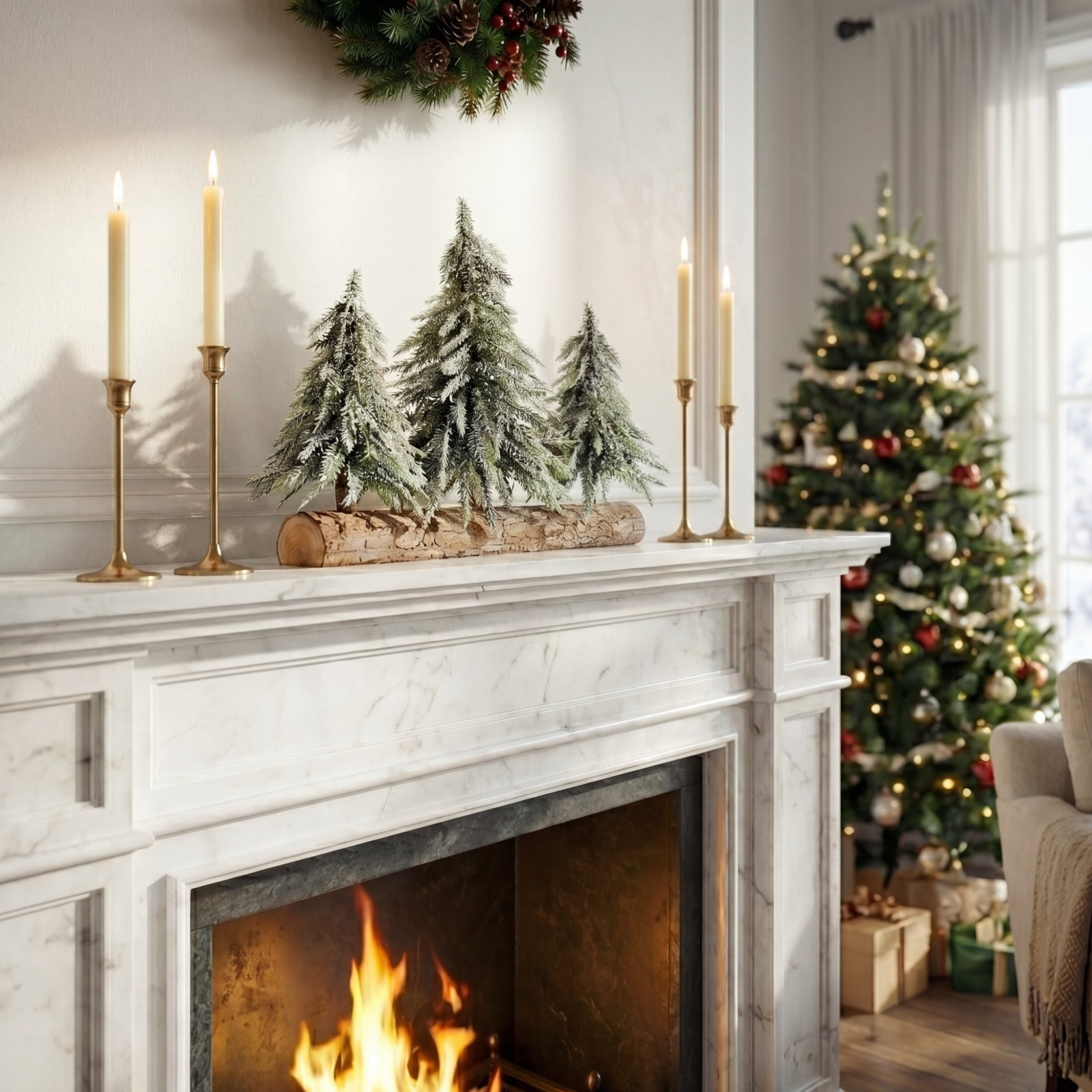 10in. Artificial Snowed Downswept Christmas Tree Trio in Rustic Wooden Log Base