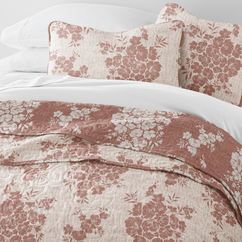 Quilt Set- Lightweight - All Season Quilted Coverlet - Distressed Bouquet, Terracotta, King Quilt + 2 King Shams