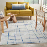 Ivory And Blue Irregular Grids Area Rug
