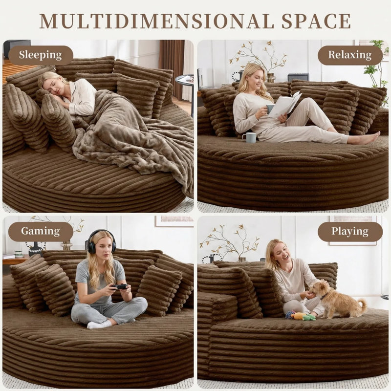 Fauteuil d'appoint rond surdimensionné de 180 cm, fauteuil lounge Cloud en velours côtelé avec coussins de dossier moelleux, fauteuil-lit une place extra large pour salon ou chambre à coucher