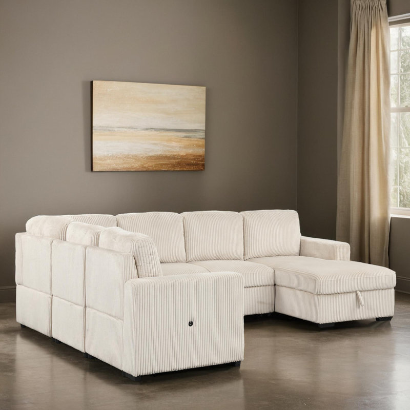 Canapé-lit modulaire avec rangement 117 po, Velours côtelé beige