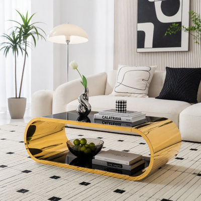 Table basse en acier inoxydable doré avec verre, table basse moderne pour le salon, plateau en verre à 2 niveaux