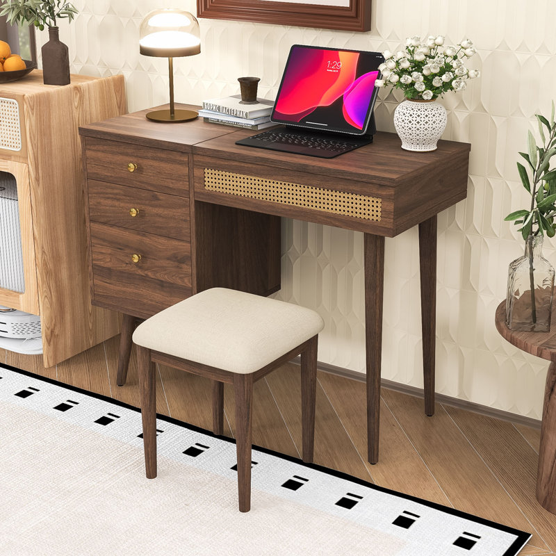 Vantiy Desk with Mirror, LED Lights, Drawers and Compartments