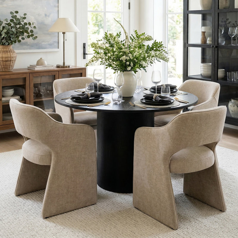 4 - Person Dining Table Sets With Round Table & 4 Upholstered Fabric Chairs, Black, Khaki