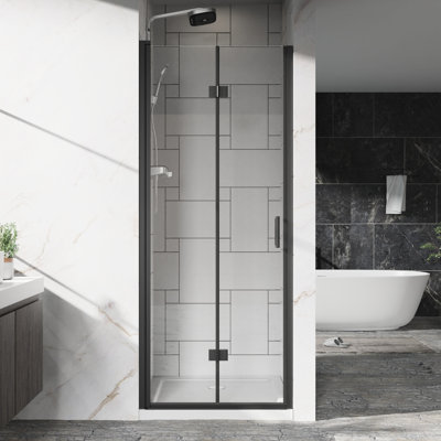 Porte de douche en verre 32 po x 72 po avec verre trempé transparent de 6 mm de 1/4 po, finition noire, installation réversible, système pivotant à 180 po, poignée en alliage de zinc robuste, imperméable et utilisation à long terme 32 po 33,2 po