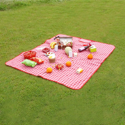 Tapis de pique-nique imperméable et résistant à l'humidité pour le camping en plein air, quadrillage rouge et blanc (195 x 200 cm)