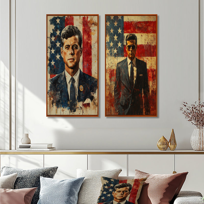 Jfk président sur le drapeau des États-Unis I - Paysages, art mural 2 panneaux, H 28 po x l 25 po, Cadre flottant brun