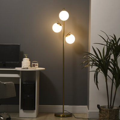 Lampe sur pied moderne à 3 lumières HOMcom pour le salon, lampe sur pied pour chambre à coucher avec abat-jour sphérique, base en acier (ampoule non incluse), or