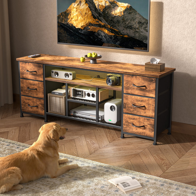 TV Stand Dresser with LED Lights & Charging Station, 6 Fabric Drawers Storage Entertainment Center for Bedroom, Brown