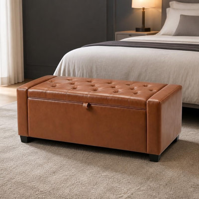 Banc de rangement rembourré pour l'extrémité de la chambre à coucher, repose-pieds épais avec deux charnières de sécurité, repose-pieds robuste en bois