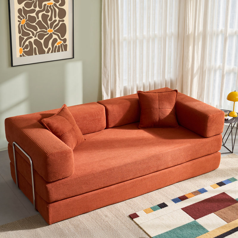 Folding Sofa Bed 200cm King Size, Convertible Modular Sofa, Corduroy Boneless Couch with Metal Frame, Orange Corduroy
