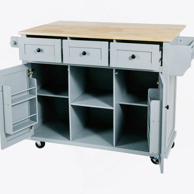 Kitchen Cart With Rubber Wood Drop-Leaf Countertop, Cabinet Door Internal Storage Racks
