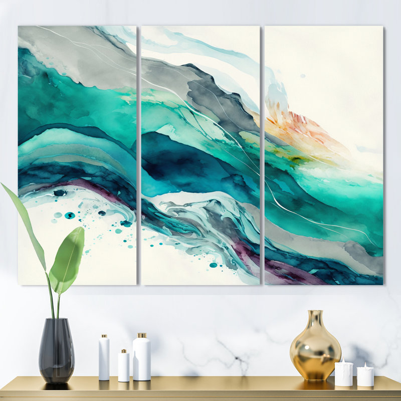 "Celebrations In Turquoise Shades Of Blue II", ensemble d'art mural abstrait à l'encre liquide, H 20 po x l 36 po x P 1 po