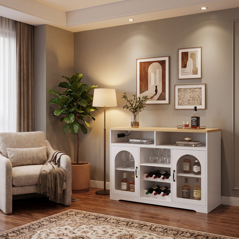 Armoire de bar mobile avec plateau coulissant extensible, éclairage à DEL, support à vin et prise de courant latérale - Chariot à vin à hauteur de comptoir sur roulettes pour le salon, la cuisine et les réceptions